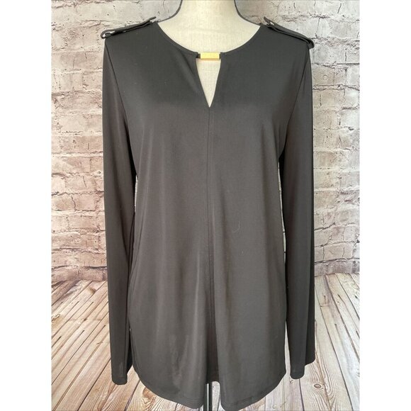 Ann Taylor Womens Sz L Black Long Sleeve Blouse Gold Bar Accent  Shoulder Detail - Picture 1 of 5